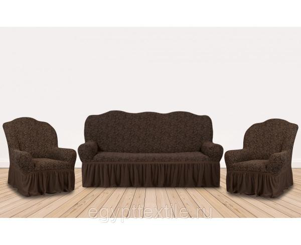 Комплект чехлов для мягкой мебели Жаккард ШОКОЛАД (трехместный диван и 2 кресла) -1444